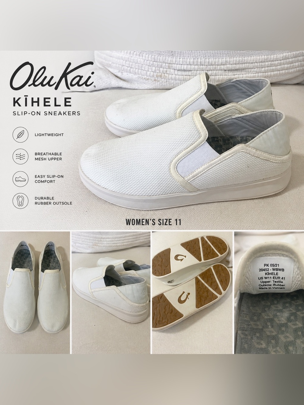 OluKai Kīhele Slip-On Sneakers White Mesh Women’s Size 11 Lightweight